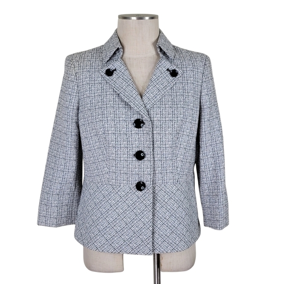 Le Suit Blazer Size 8P Black White Textured Slit Cuff Lightweight 3/4 Sleeve - Picture 11 of 11